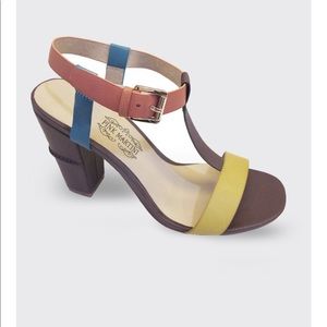 Pink Martini Multicolor Block Heel Leather Sandals - Yellow, Blue, Coral, Brown